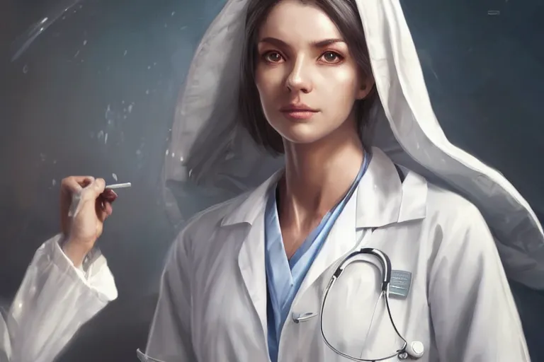 Image similar to a full portrait of an elegant and beautiful female doctor in a white coat in a hospital ward, cinematic, highly detailed, digital painting, artstation, concept art, matte, sharp focus, illustration, art by artgerm and greg rutkowski