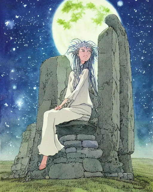 Image similar to a hyperrealist studio ghibli watercolor fantasy concept art of a giant long haired grey witch in lotus position sitting on top of stonehenge with a starry sky in the background. a ufo is in the sky. by rebecca guay, michael kaluta, charles vess