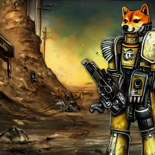 Prompt: anthropomorphic shiba inu, wearing tactical military exoskeleton, sci - fi, warhammer 4 0 k style, post apocalyptic background