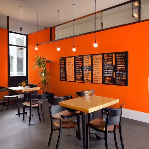 Image similar to a modern coffee shop interior, with orange walls, the entire coffee shop is designed after foxes, realistic photo
