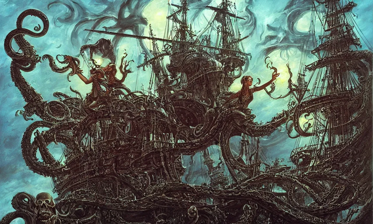 Image similar to a pirate witch summoning a kraken aboard a ghost ship by gerald brom and mark arian and harry ekman and gregory crewsdon