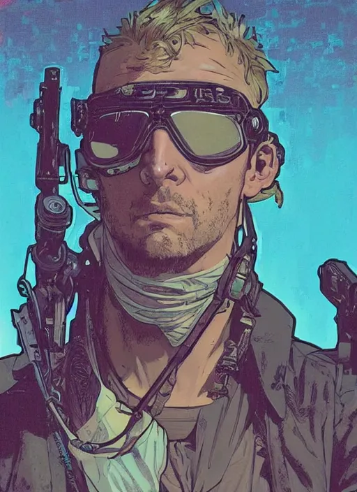 Prompt: cyberpunk beach bum. portrait by ashley wood and alphonse mucha and laurie greasley and josan gonzalez and james gurney. splinter cell, apex legends, rb 6 s, hl 2, d & d, cyberpunk 2 0 7 7. realistic face. character clothing. vivid color. dystopian setting.