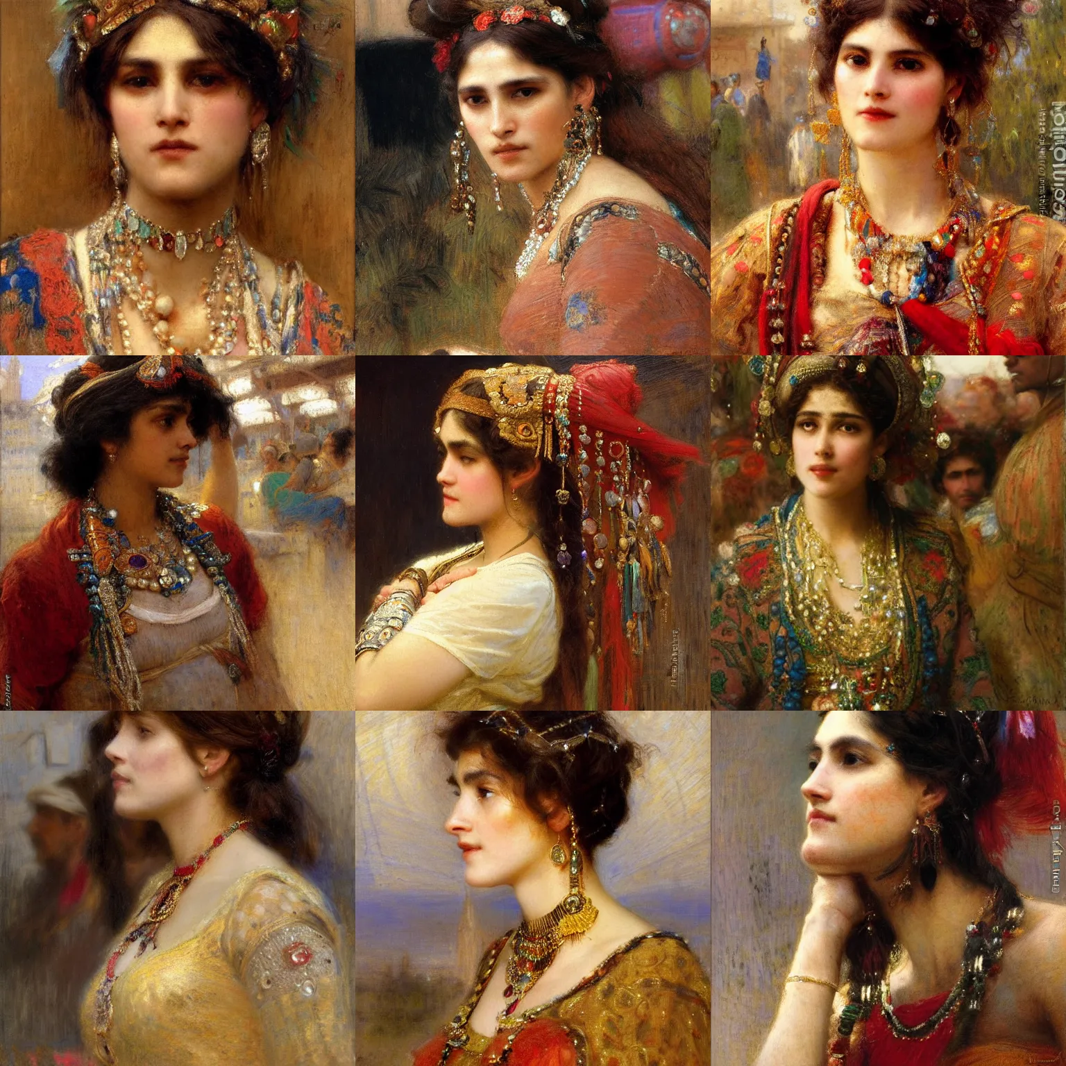 Prompt: orientalism woman wearing jewels in her hair standing in a market face detail by gaston bussiere and jules bastien - lepage and theodore ralli and thomas lawrence, masterful intricate artwork, excellent lighting, high detail 8 k