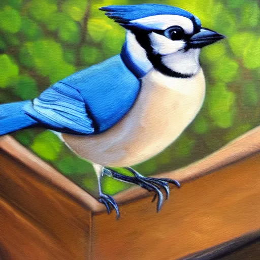 Image similar to expressive oil painting of a blue jay on a small bridge in a forest, natural color palette