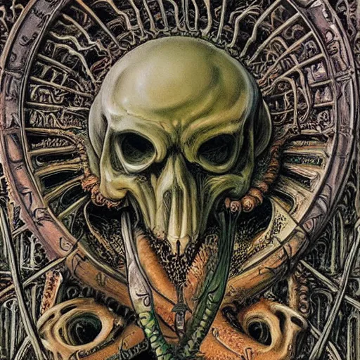 Image similar to cthulhu death's gate of hell, highly detailed, skeletons, steles, lava, swords, intricate art of boris vallejo and ernst haeckel, neo - gothic, gothic