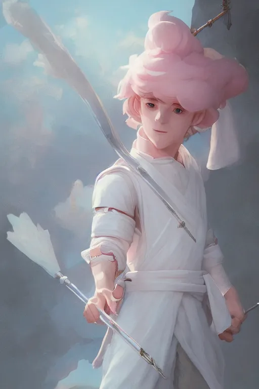 Prompt: portrait of a cute white mage boy with a staff in mage armor, soft, pink and blue, by tom bagshaw and atey ghailan and artgerm and and greg rutkowski, hyper realistic, octane render, trending on artstation