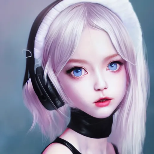 Image similar to realistic detailed semirealism beautiful gorgeous cute Blackpink Lalisa Manoban white hair white cat ears blue eyes, wearing black camisole maid outfit, headphones, black leather choker full HD 4K high resolution quality WLOP, Aztodio, Taejune Kim, Guweiz, Pixiv, Instagram, Artstation