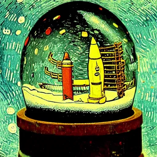 Prompt: a space rocket inside a snow globe by van gogh