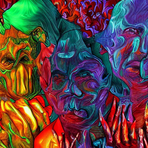 Prompt: hell with people suffering, digital art, highly detailed, realistic, bright colors, 8 k