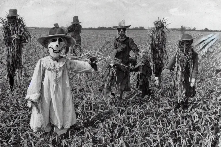 Image similar to sketchy scarecrow from the early 1 9 0 0's leading children into the cornfields