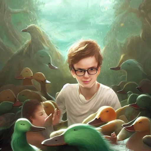 Prompt: a young guy with long brownish hair and round glasses, in a kid ball pit angry at a duck next to him, art by charlie bowater and greg rutkowski and artgerma