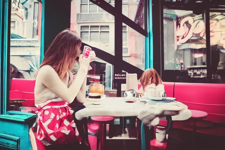 Prompt: girl drinking coffee with pepe the frog in a cafe, 8 0 s style, cinematographic photo