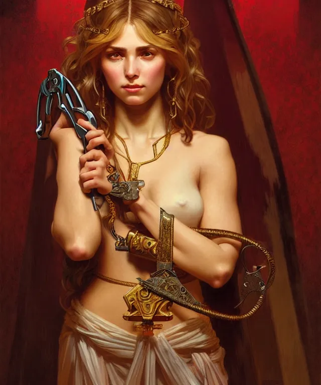 Prompt: portrait of biblical delilah holding a lock of hair and shears, intricate, headshot, highly detailed, digital painting, artstation, concept art, sharp focus, cinematic lighting, illustration, art by artgerm and greg rutkowski, alphonse mucha, cgsociety