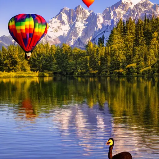 Image similar to photo of two black swans touching heads in a beautiful reflective mountain lake, a colorful hot air balloon is flying above the swans, hot air balloon, intricate, 8k highly professionally detailed, HDR, CGsociety