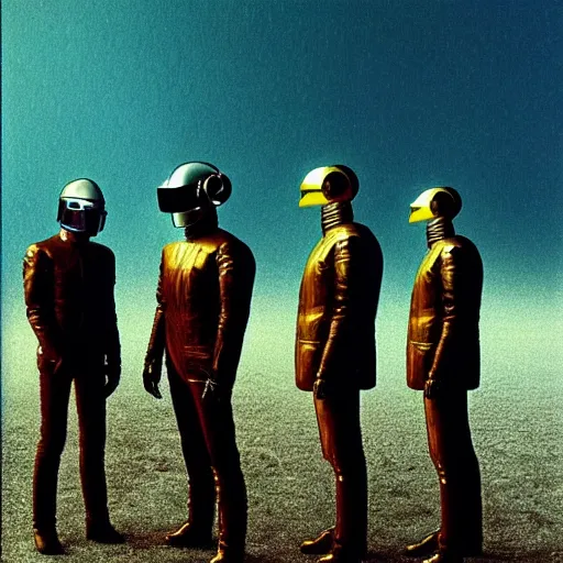 Image similar to album art beautiful portrait of daft punk's electroma, daft punk wearing leather jackets, standing together in a desolate wasteland, painted by zdzislaw beksinski