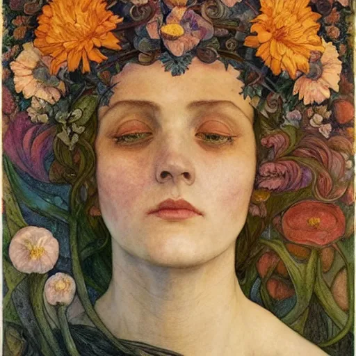 Image similar to flower queen, by annie swynnerton and charlie bowater and tino rodriguez and nicholas roerich and jean delville and evelyn de morgan and lucien freud, dramatic lighting, floral tattoos, rich colors, smooth sharp focus, extremely detailed, adolf wolfli
