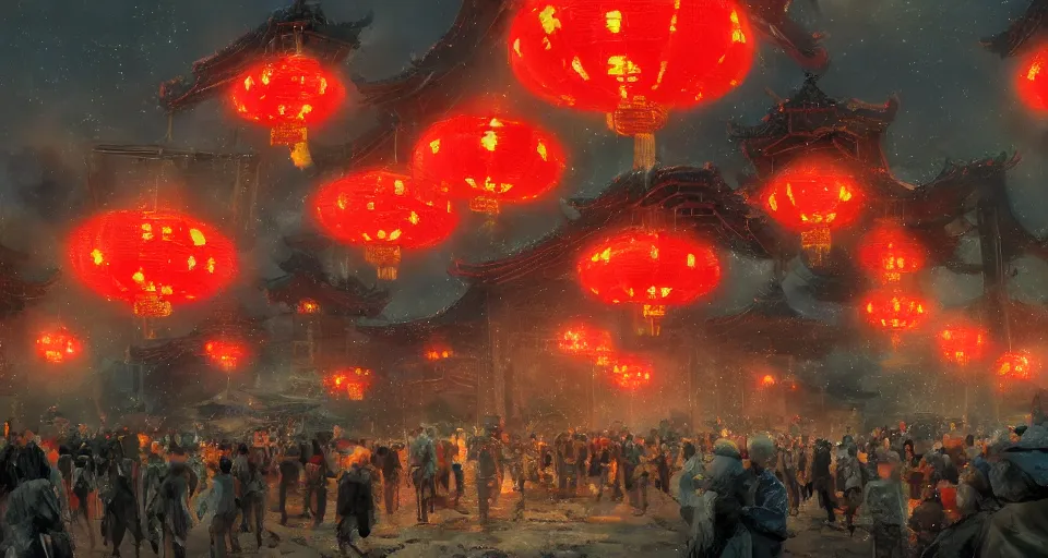 Prompt: craig mullins and ghibli digital art of zhongyuan festival in china ， red lanterns ， gohst door with fire in thes ky, black night sky, stars, below is the crowd, rivers, villages ， unreal engine, hyper realism, realistic shading, cinematic composition, realistic render, octane render, detailed textures, photorealistic, wide shot