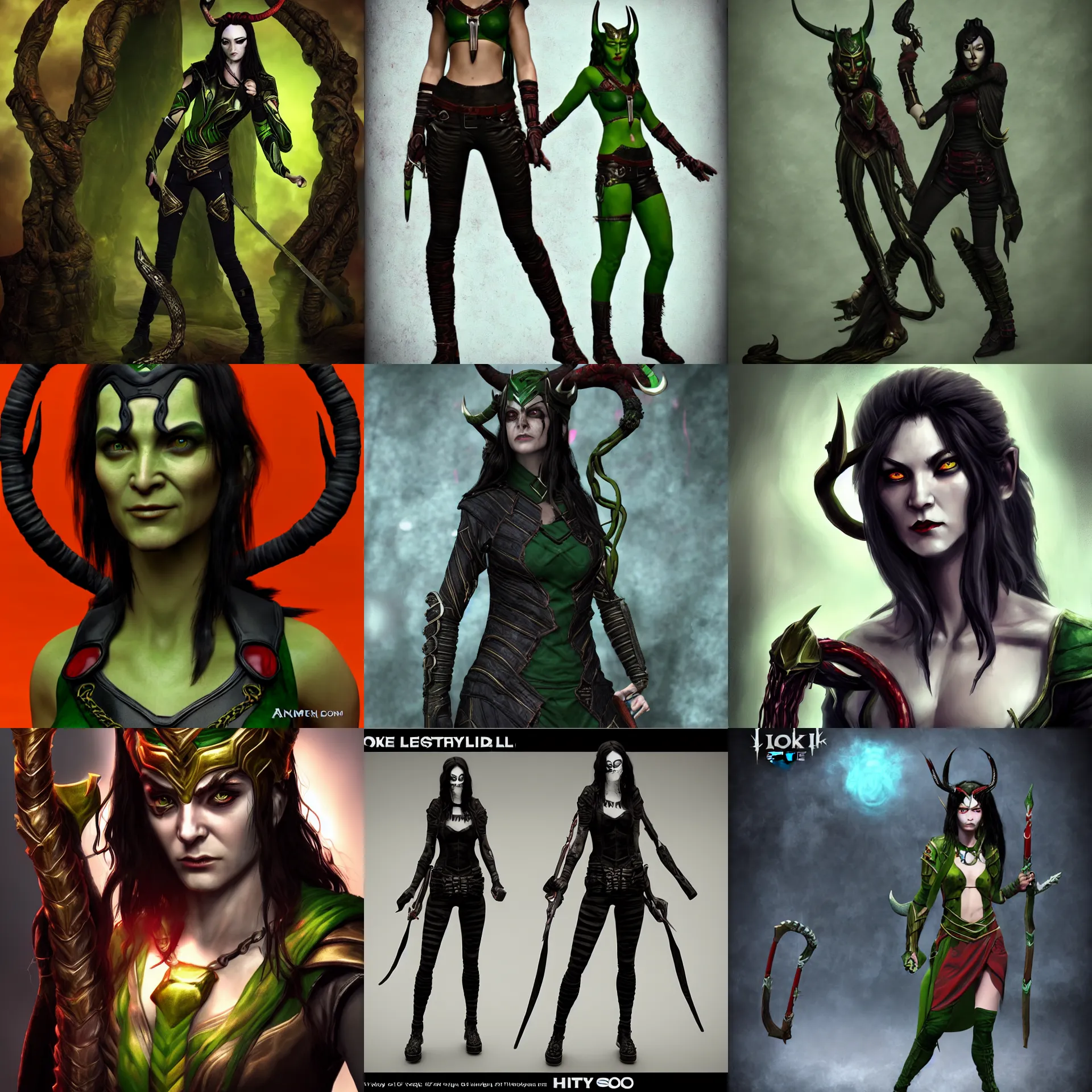 Prompt: female loki in the style of hell boy, death, highly detailed, character concept, unreal engine 5, candid photography, by anne stokes