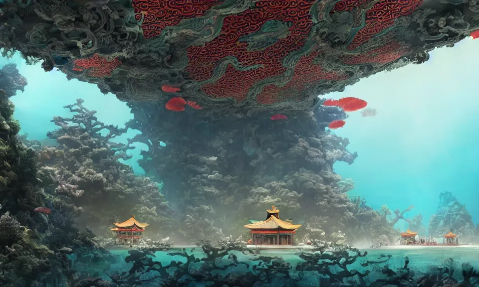 Prompt: a gargantuan ancient chinese palace under deep ocean with coral, fish and seagrass by wadim kashin, featured in artstation, octane render, cinematic, elegant, intricate, 8 k