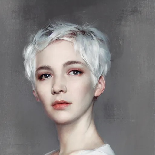 Prompt: portrait of a woman with short white hair, medium shot, illustration, highly detailed, high quality, by ruan jia