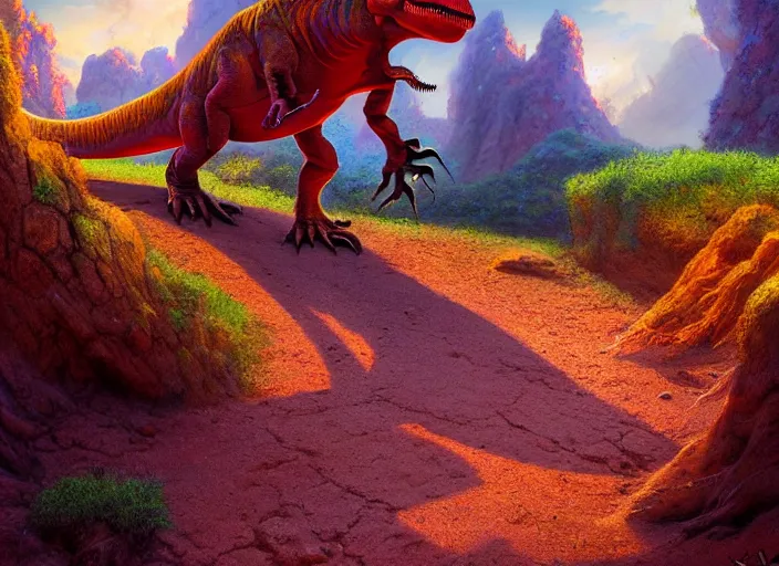 Prompt: ( ( dinosaur ) ) footprint in the dirt, magical energies emanating from it, fantasy art, matte painting, sharp focus, vibrant colors, high contrast, illustration, art by justin gerard