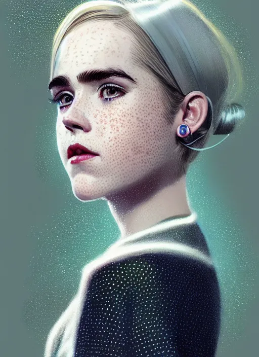 Image similar to portrait of kiernan shipka with freckles, white hair, 1 9 6 0 s bob hairstyle with bangs and hairband, intricate, elegant, glowing lights, highly detailed, digital painting, artstation, concept art, smooth, sharp focus, illustration, art by wlop, mars ravelo and greg rutkowski