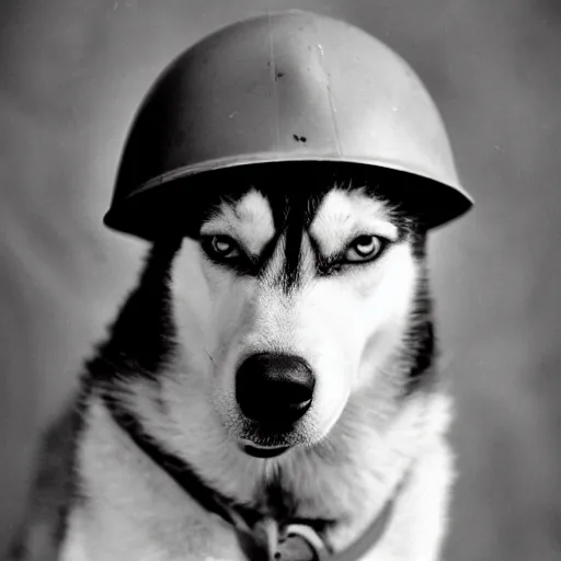 Image similar to close up of a husky wearing soldier helmet in the battle, ww 2 historical photography, black & white