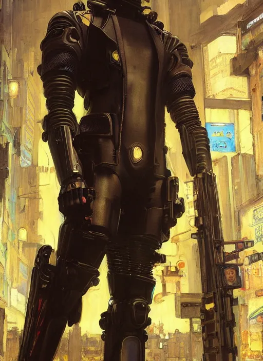 Image similar to menacing Cyberpunk policeman towering with robotic stilt legs. (Cyberpunk 2077, bladerunner 2049). Iranian orientalist portrait by john william waterhouse and Edwin Longsden Long and Theodore Ralli and Nasreddine Dinet, oil on canvas. Cinematic, vivid colors, hyper realism, realistic proportions, dramatic lighting, high detail 4k