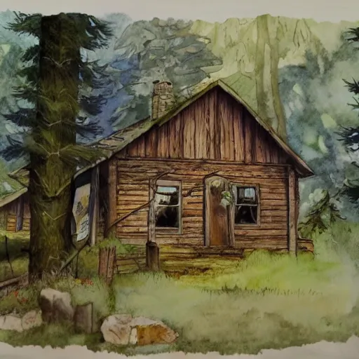 Image similar to water color on paper, cabin in the woods, highly detailed, artstation, masterpiece, award - winning,