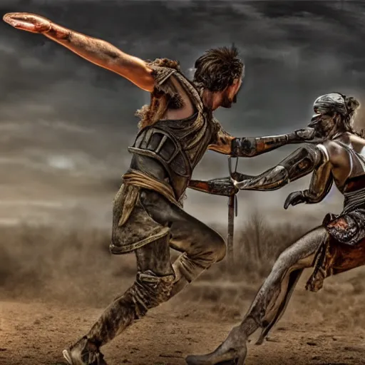 Image similar to post - apocalyptic gladiator duel