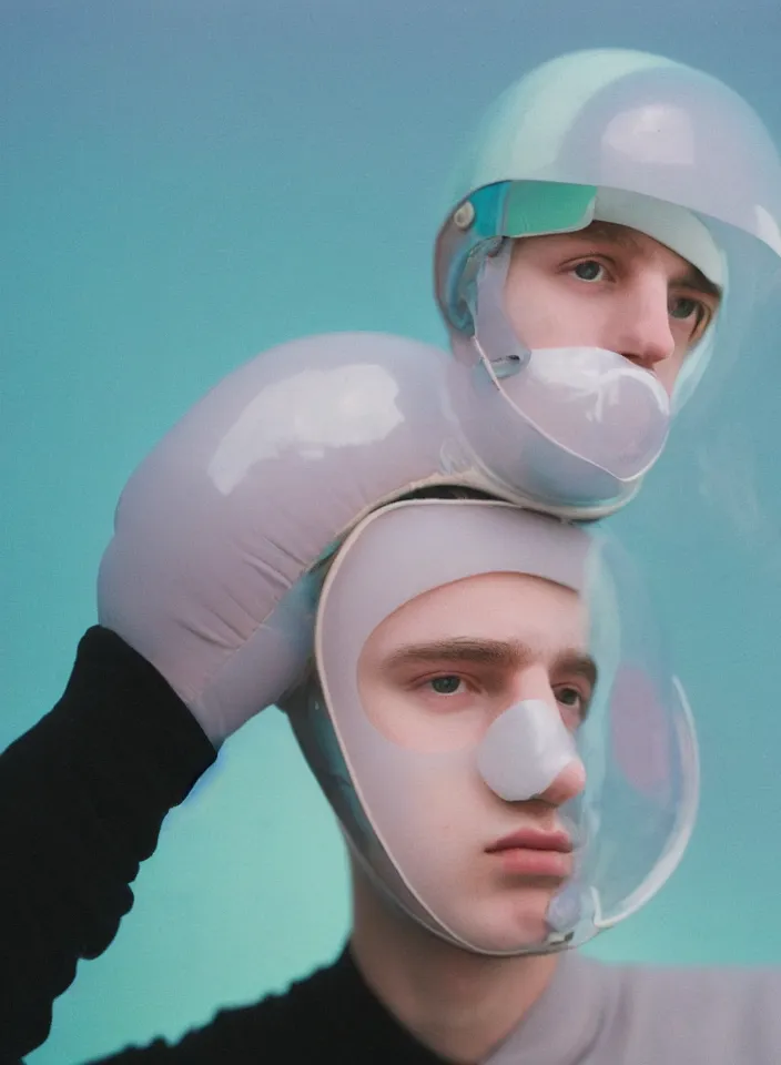 Image similar to high quality pastel coloured film portrait photograph of a beautiful young 2 0 year old male, soft features, short hair, wearing perspex space mask visor and oversized inflated clothing!!!! icelandic black rock pool environment. atmospheric three point light. photographic. art directed. ( pastel colours ). volumetric. clearcoat. waves. 8 k. filmic.