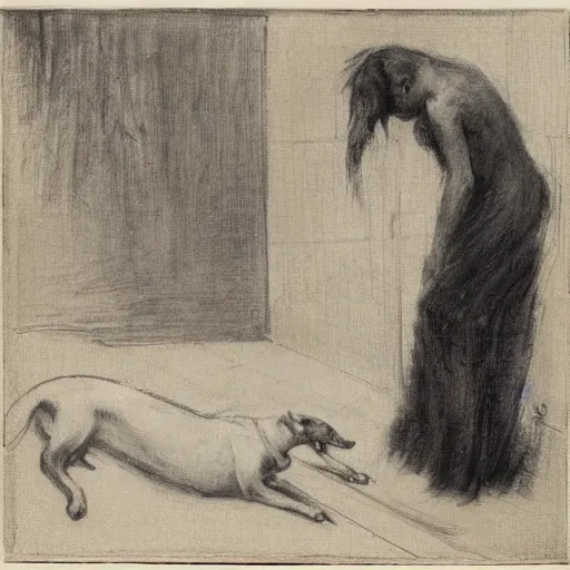 Image similar to young lady being scared by an undead dog while in the bath by alfred stevens in charcoal