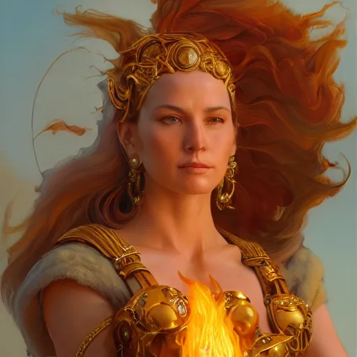 Image similar to an portrait of a female fire goddess, detailed, centered, digital painting, artstation, concept art, donato giancola, Joseph Christian Leyendecker, WLOP, Boris Vallejo, Breathtaking, 8k resolution, extremely detailed, beautiful, establishing shot, artistic, hyperrealistic, beautiful face, octane render