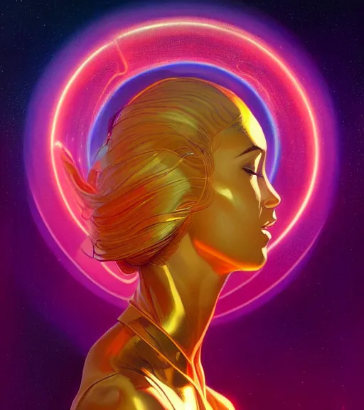 Image similar to a golden woman 2/3 figurative portrait, in space, head breaking apart and spiraling geometry into the sky upwards into another dimension, lazer light beaming down to top of her head, by james jean, artgerm, featured in artstation, elegant, Moebius, Greg rutkowski, anime