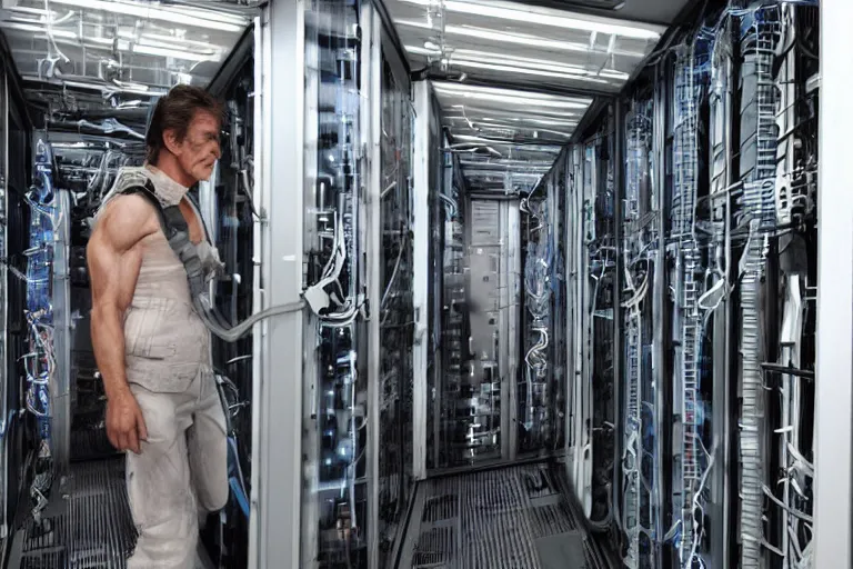 Prompt: t 8 0 0 from movie terminator 1 9 8 4, staying in data center.