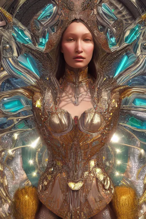 Prompt: a highly detailed metahuman 4 k close up render of an alien goddess bella hadid as jeanne d'arc in iris van herpen dress schiaparelli in diamonds crystals swarovski and jewelry in style of alphonse mucha gustav klimt trending on artstation made in unreal engine 4