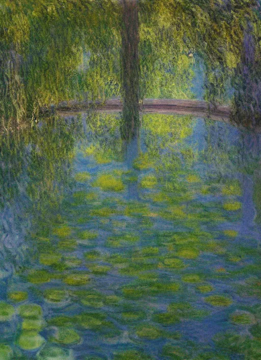 Image similar to trees growing from the ceiling of a dilapidated decaying building casting a reflection in water in the ground by claude monet