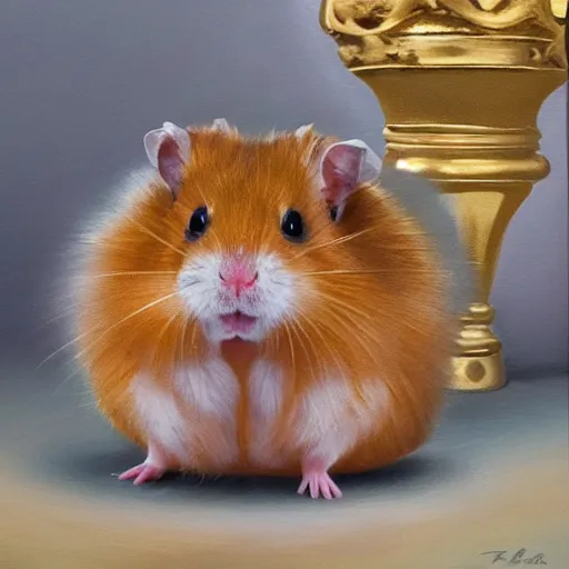 Prompt: a high detailed oil painting of a hamster wearing a crown and royal clothes. 4 k.