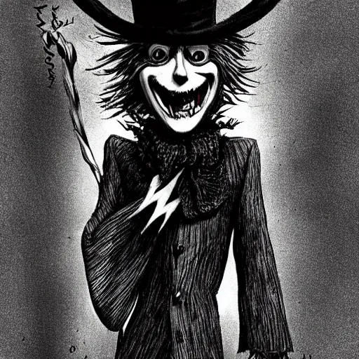 Image similar to a Pop Wonder scary horror themed goofy-hilarious-character Jack-Frost-Babadook-scarecrow-madhatter-williewonka-wearing a scarf, 3-piece-suit, dime-store-comic drawn with charcoal and pen and ink, half-tone-line-stacking