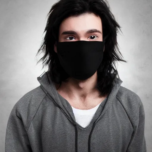 Image similar to professional digital art of a young adult man with slightly long hair wearing a black face mask and an oversized dark sweatshirt and dark sweatpants, high quality, HD, 8K, highly detailed, award-winning, sci-fi, fantasy, movie, show, tv series, actor, character