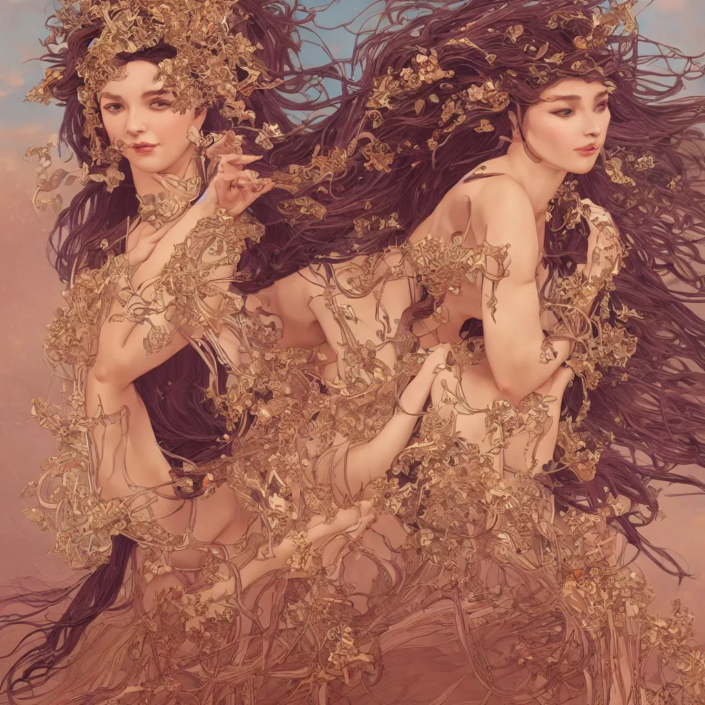 Image similar to seductive goddess dancing in the desert, symmetrical face, fantasy, surreal, intricate and very beautiful and elegant, highly detailed, digital painting, trending on artstation, concept art, smooth and sharp focus, illustration, art by tan zi and ayanamikodon and alphonse mucha and wlop
