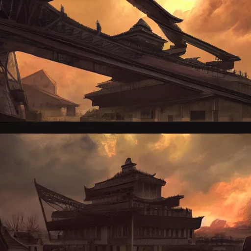 Prompt: Establishing shot of the Gate of Three Skies, digital art, Establishing shot of the Gate of Three Skies, trending on ArtStation, Establishing shot of the Gate of Three Skies, by Charles Sheeler and ArtGerm, photorealism, style of aetherpunk, Establishing shot of the Gate of Three Skies, lit from below