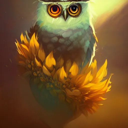 Image similar to beautiful peter mohrbacher illustration of a sunflower owl. 4k hq trending on artstation