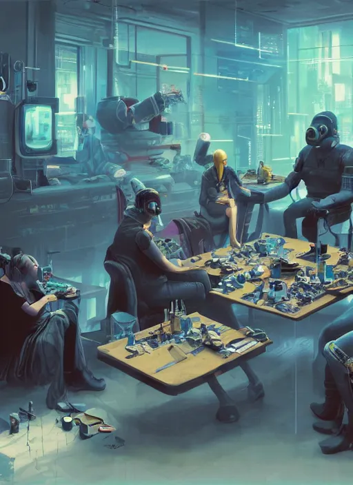 Prompt: a group of people sitting around a table in a room, cyberpunk art by rube goldberg, cgsociety, beeple, computer art, dystopian art, reimagined by industrial light and magic, concept art