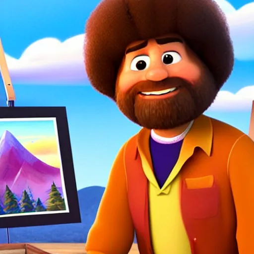 Image similar to A portrait of bob ross in the style of pixar’s movie Up (2009)