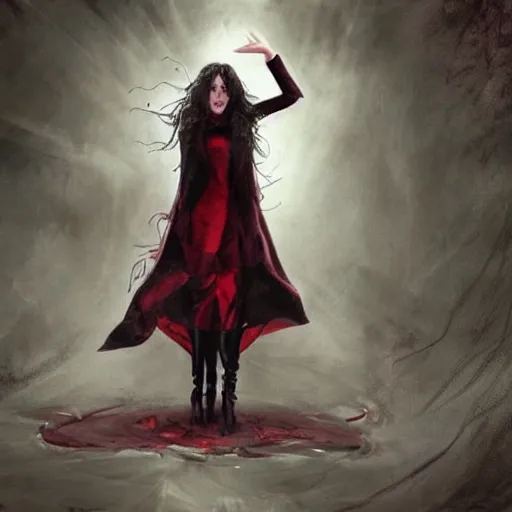 Prompt: Wanda Maximoff chaos magic, levitating, eerie, emotion, concept art