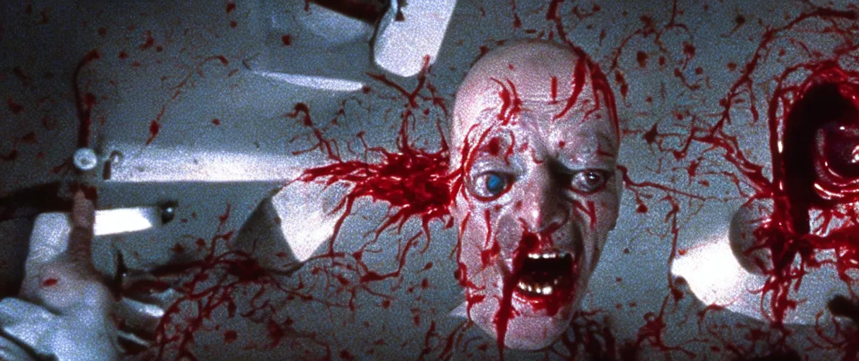 Image similar to filmic extreme wide shot dutch angle movie still 35mm film color photograph of a doctor getting his both his eyeballs pulled out by dangerous alien worms coming from off camera, blood splattering, in the style of The Thing 1982 horror film