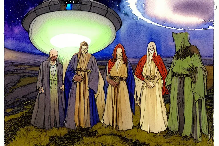 Image similar to a realistic and atmospheric watercolour fantasy character concept art portrait of a group of christians wearing robes and emerging from the mist on the moors of ireland at night. a ufo is in the sky. by rebecca guay, michael kaluta, charles vess and jean moebius giraud