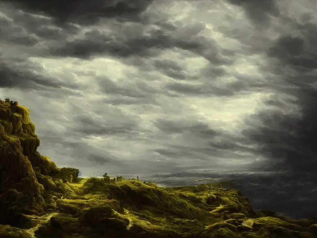 Image similar to detailed landscape, high cliff, very detailed dark super storm, hyper realistic clouds, impressive, magical, very atmospheric, smoke boiling, cinematic, deep, very high complexity, stunning, masterpiece, chiaroscuro, in the style of caspar david friedrich, very detailed. 4 k