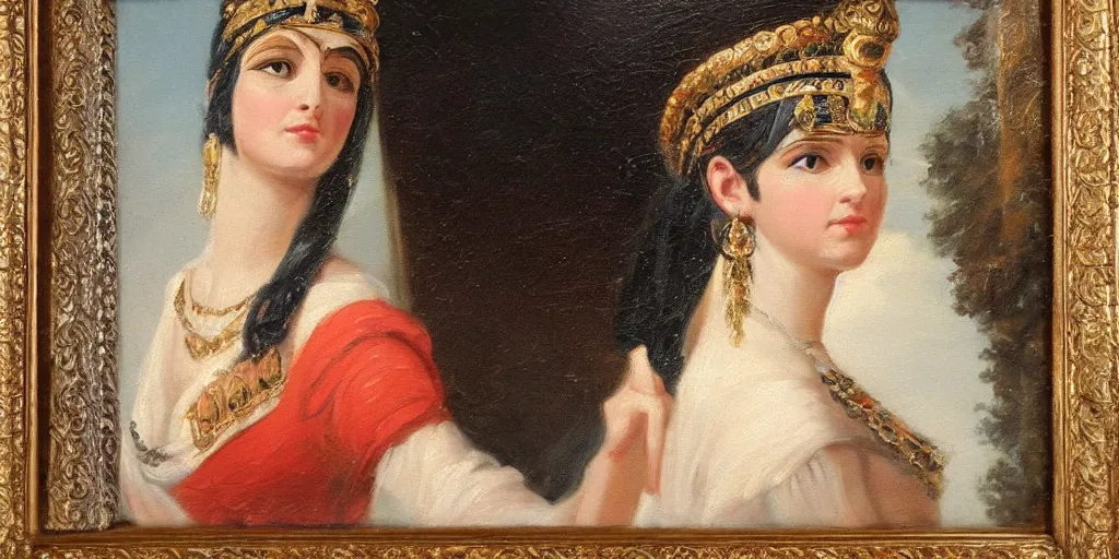 Prompt: Romantic-period style oil painting of Cleopatra,